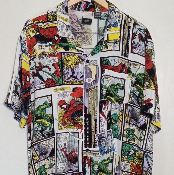 Marvel Other - Marvel Spiderman Comic Strip short sleeve button down shirt Men's size XL